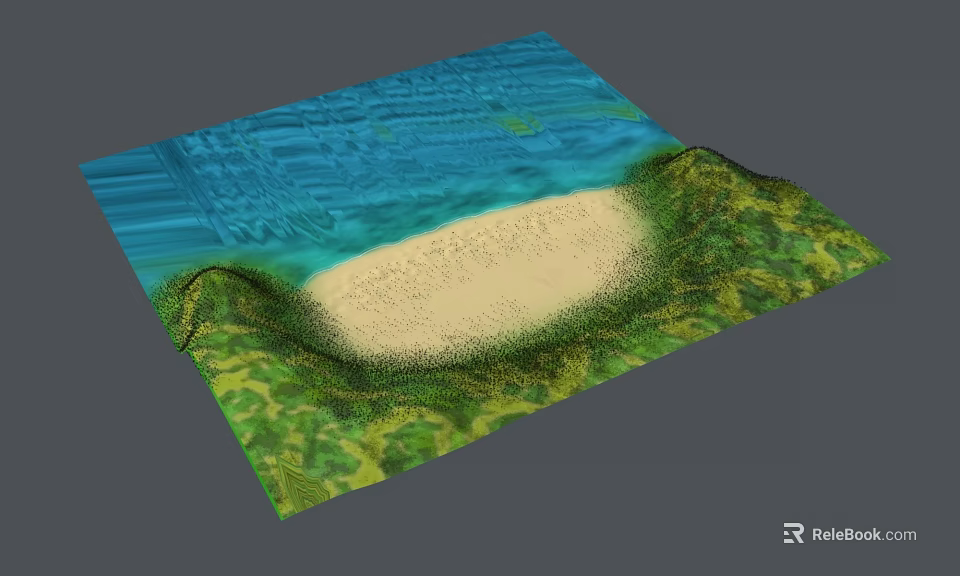 3D Rendered Natural Landscape With Blue Water Sandy Beach And Green Vegetation 3d model 
