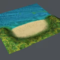 3D Rendered Natural Landscape With Blue Water Sandy Beach And Green Vegetation