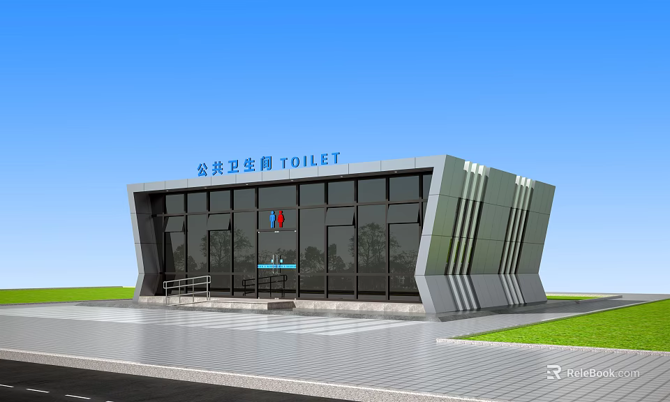 Modern Public Toilet Building With Glass Exterior And Clear Outdoor Signage 3d model 