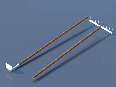 Essential Gardening Tools With Wooden Handles And Metal Rake Shovel Heads 3d model