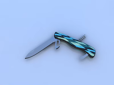 Folding Knife With Blue Green Geometric Pattern Handle And Silver Blade Multi Tools 3d model