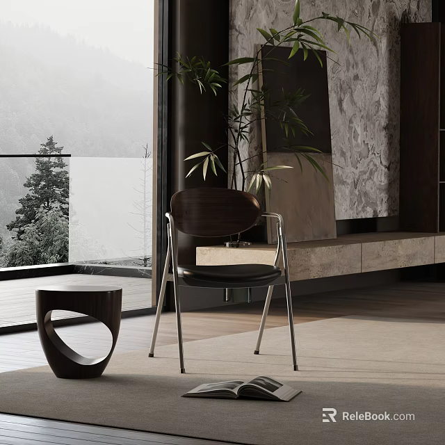 Modern Leisure Chair With Metal Frame Wooden Backrest Black Leather Cushion And Round Side Table 3d model 