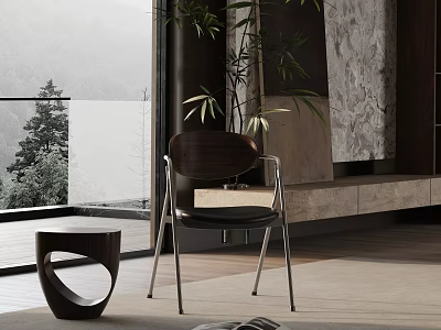 Modern Leisure Chair With Metal Frame Wooden Backrest Black Leather Cushion And Round Side Table 3d model