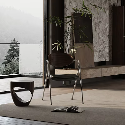 Modern Leisure Chair With Metal Frame Wooden Backrest Black Leather Cushion And Round Side Table 3d model