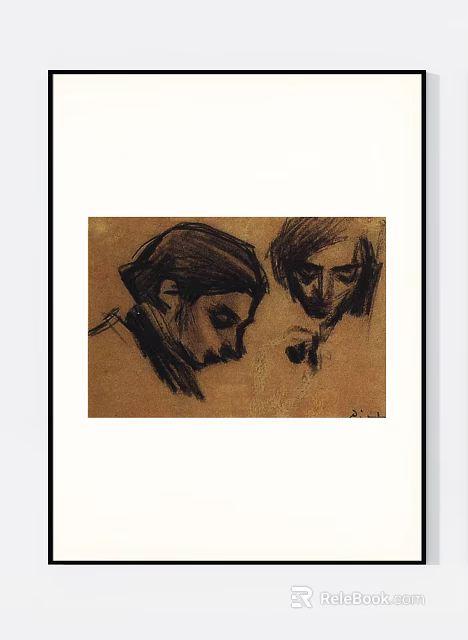 Portrait Sketch Of Two Figures With Black Ink Lines On Brown Paper 3d model 