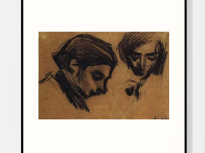 Portrait Sketch Of Two Figures With Black Ink Lines On Brown Paper 3d model