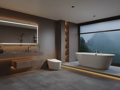 Modern Gray Bathroom With Backlit Mirror Wall Hung Toilet White Freestanding Bathtub And Mountain View 3d model