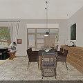 Cozy Warm Open Plan Living And Dining Room With Natural Wooden Furniture And Plant Decor