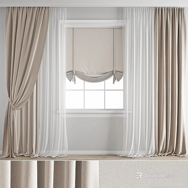Beige Layered Curtains With Sheer Panels And Roman Shade For Window 3d model 
