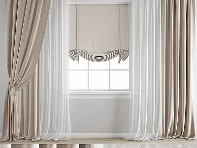 Beige Layered Curtains With Sheer Panels And Roman Shade For Window 3d model