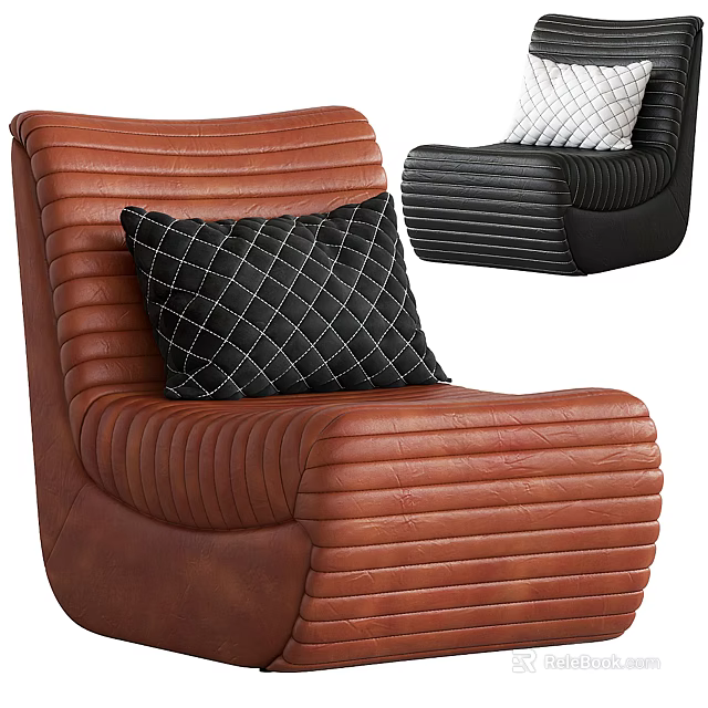 Stylish Single Sofa with Brown Black Leather Ribbed Design and Diamond Pattern Cushions 3d model 