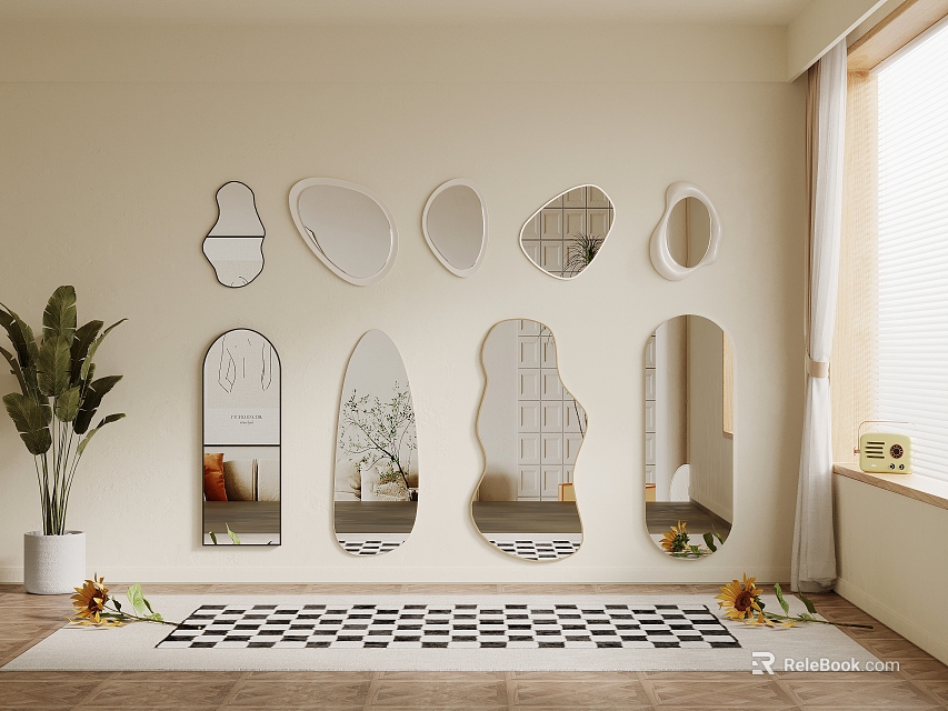 Various Shapes Mirrors Mounted On Wall In Interior Room With Checkered Rug And Green Plants 3d model 
