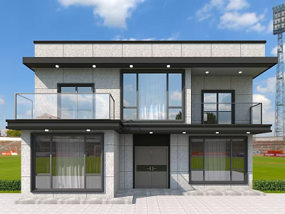 Modern Detached Villa With Two Story Design Large Glass Windows And Front Lawn 3d model