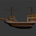 Vintage Water Vessel With Wooden Deck Yellow Railings And Dual Propeller Masts