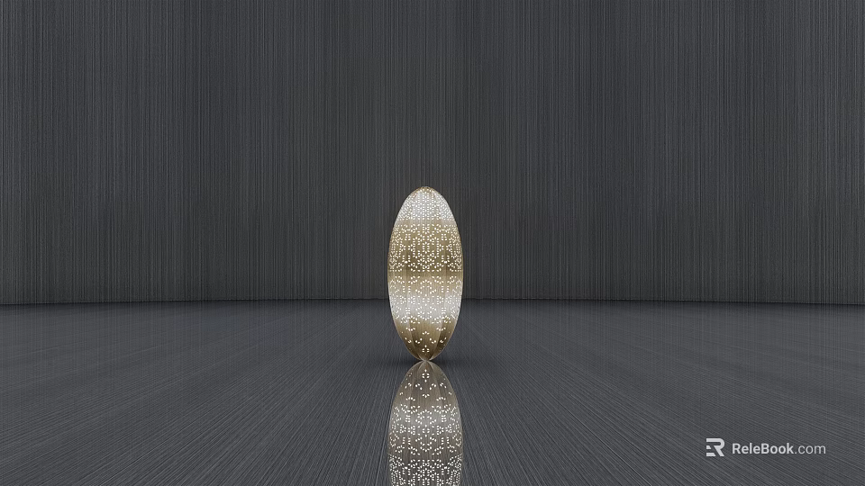 Golden Oval Sculpture with Intricate Cut Out Patterns on Dark Wood Grain Floor and Reflection 3d model 