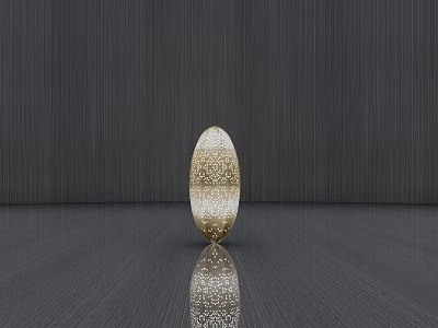 Golden Oval Sculpture with Intricate Cut Out Patterns on Dark Wood Grain Floor and Reflection 3d model