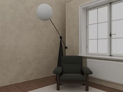 Dark Green Single Seater Sofa With Wooden Legs Floor Lamp Near Window In Beige Room 3d model