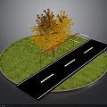 Outdoor Landscape Design With Green Lawn Orange Tree Black Road And Red Fence