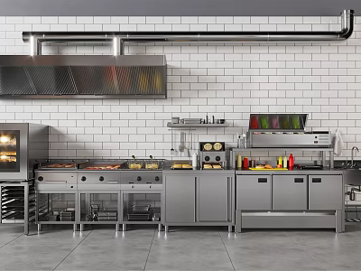 Modern Commercial Kitchen Featuring Stainless Steel Appliances Range Hood Oven And White Tiled Wall 3d model