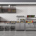 Modern Commercial Kitchen Featuring Stainless Steel Appliances Range Hood Oven And White Tiled Wall