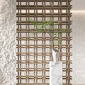 Elegant Wooden Grid Partition Interior With Green Plant And Marble Stand