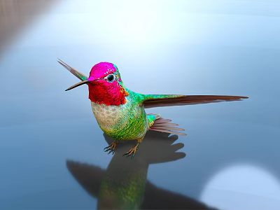 Vibrant Hummingbird Pink Head Red Throat Green Body Spread Wings Reflection On Smooth Surface 3d model