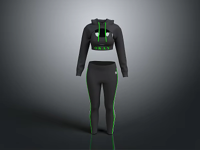 Black Crop Top Hoodie And Leggings Tracksuit With Green Contrast Stripes Activewear 3d model