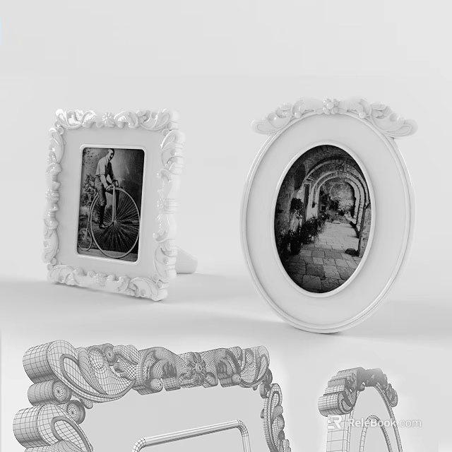 White Decorative Picture Frames Featuring Square And Oval Designs For Home Decor 3d model