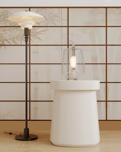Glass Table Lamp on White Circular Pedestal Against Bamboo Patterned Lattice Wall with Warm Glow 3d model