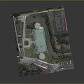 Cartoon Scene Featuring Buildings Green Roof Road Trees And Parking Lot Design