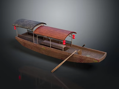 Traditional Wooden Boat With Black And Red Canopies Red Lanterns Wooden Railings And Oar 3d model