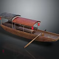Traditional Wooden Boat With Black And Red Canopies Red Lanterns Wooden Railings And Oar
