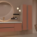 Modern Bathroom Interior With Round Mirror Wall Mounted Vanity Pink Cabinets And Scenic Window View