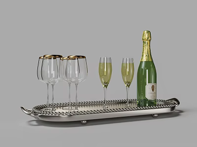 Elegant Silver Serving Tray With Champagne Bottle And Gold Rimmed Wine Glasses 3d model