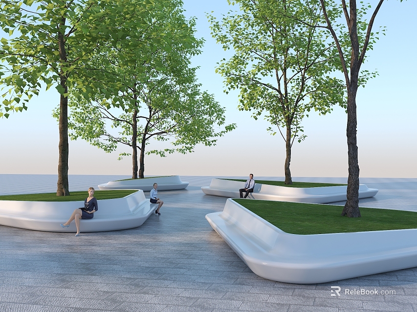 Modern Tree Planters With Seating And Trees In Urban Public Area 3d model 