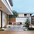 Modern Garden Design With Water Feature Lush Plants Stone Pathway And Seating Area