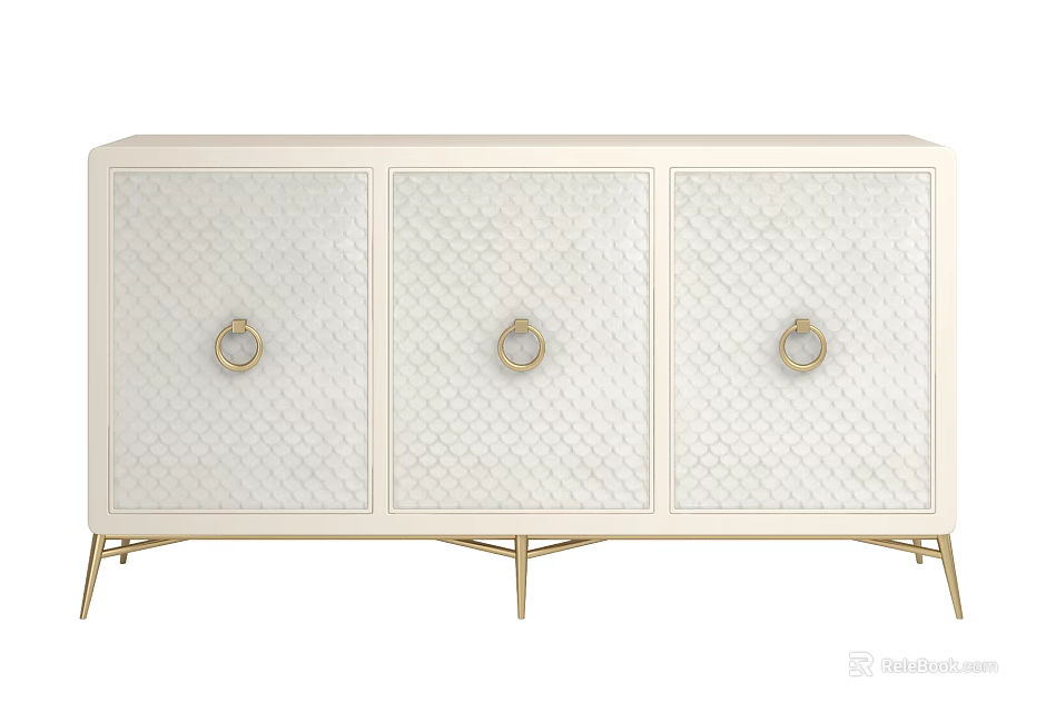 Elegant Ivory Entryway Cabinet Sideboard With Gold Ring Handles Woven Patterned Front And Gold Legs 3d model 