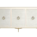 Elegant Ivory Entryway Cabinet Sideboard With Gold Ring Handles Woven Patterned Front And Gold Legs