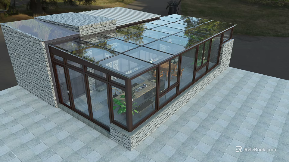 Villa Balcony Sunroom Design With Glass Roof And Gray Tiled Floor 3d model 
