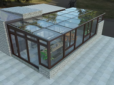 Villa Balcony Sunroom Design With Glass Roof And Gray Tiled Floor 3d model