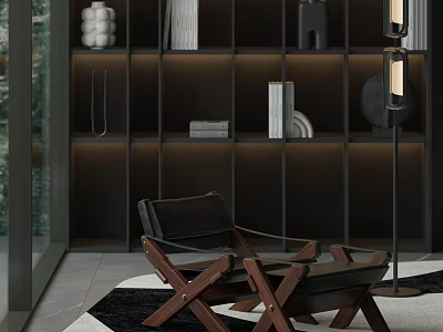 Black Leather Chaise Lounge With Wooden Legs In Modern Interior With Bookshelf And Floor Lamp 3d model