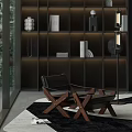 Black Leather Chaise Lounge With Wooden Legs In Modern Interior With Bookshelf And Floor Lamp