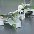 Efficient Office Desk Workstation With Green Partitions Computer Monitors Drawers And Filing Cabinets 3d model