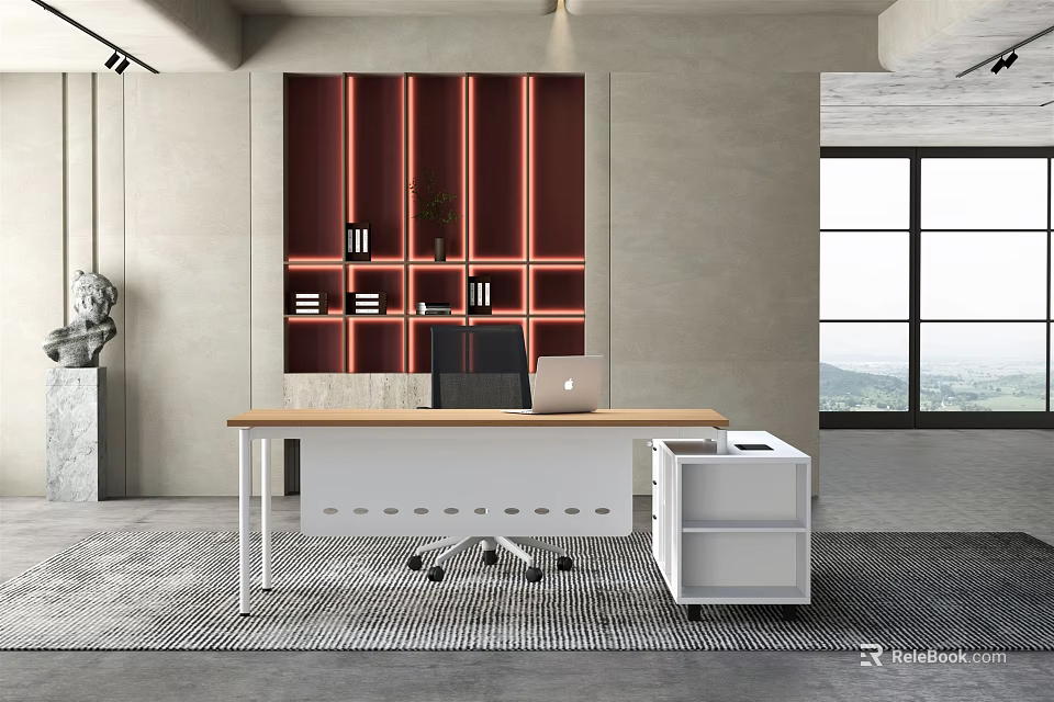 Modern Office Desk With Wooden Top White Filing Cabinet Red Bookshelf And Natural Light 3d model 
