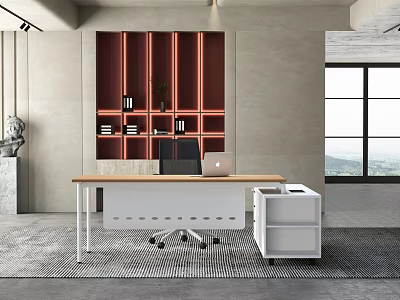 Modern Office Desk With Wooden Top White Filing Cabinet Red Bookshelf And Natural Light 3d model