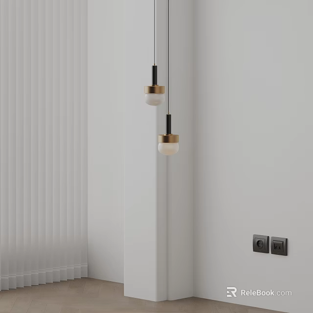 Modern Pendant Lights With Gold Accents And Glass Shades In White Interior With Vertical Blinds 3d model 