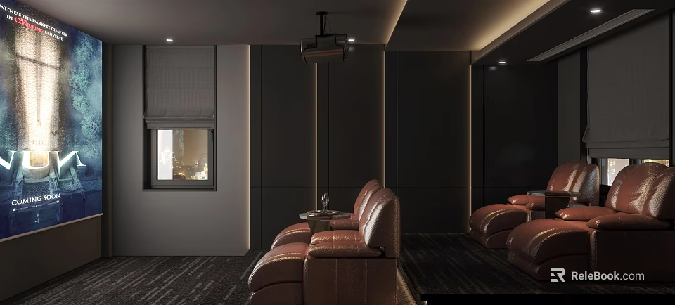 Modern Home Theater Room Interior With Leather Recliners And Ceiling Projector 3d model