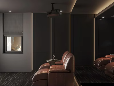 Modern Home Theater Room Interior With Leather Recliners And Ceiling Projector 3d model