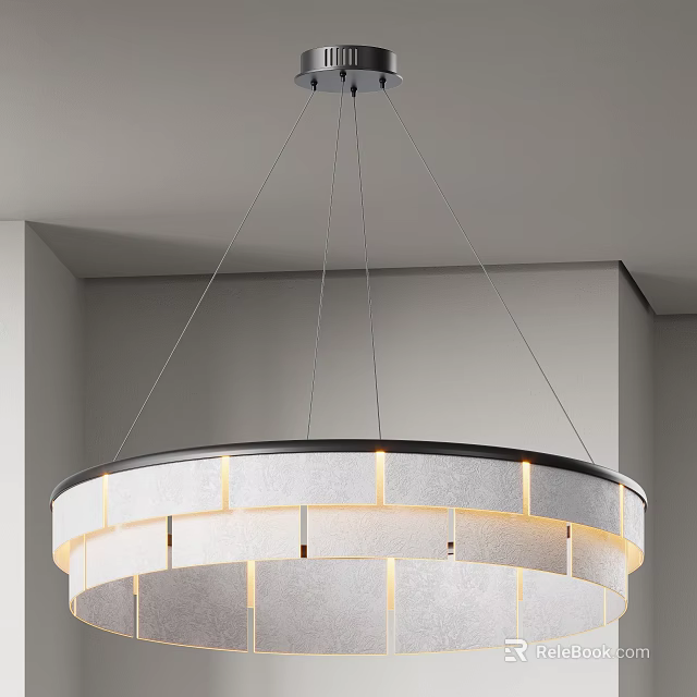 Modern Layered Ring Shaped Chandelier With Fabric Shade And Soft Lighting In Interior Space 3d model 