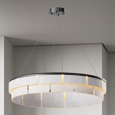 Modern Layered Ring Shaped Chandelier With Fabric Shade And Soft Lighting In Interior Space 3d model